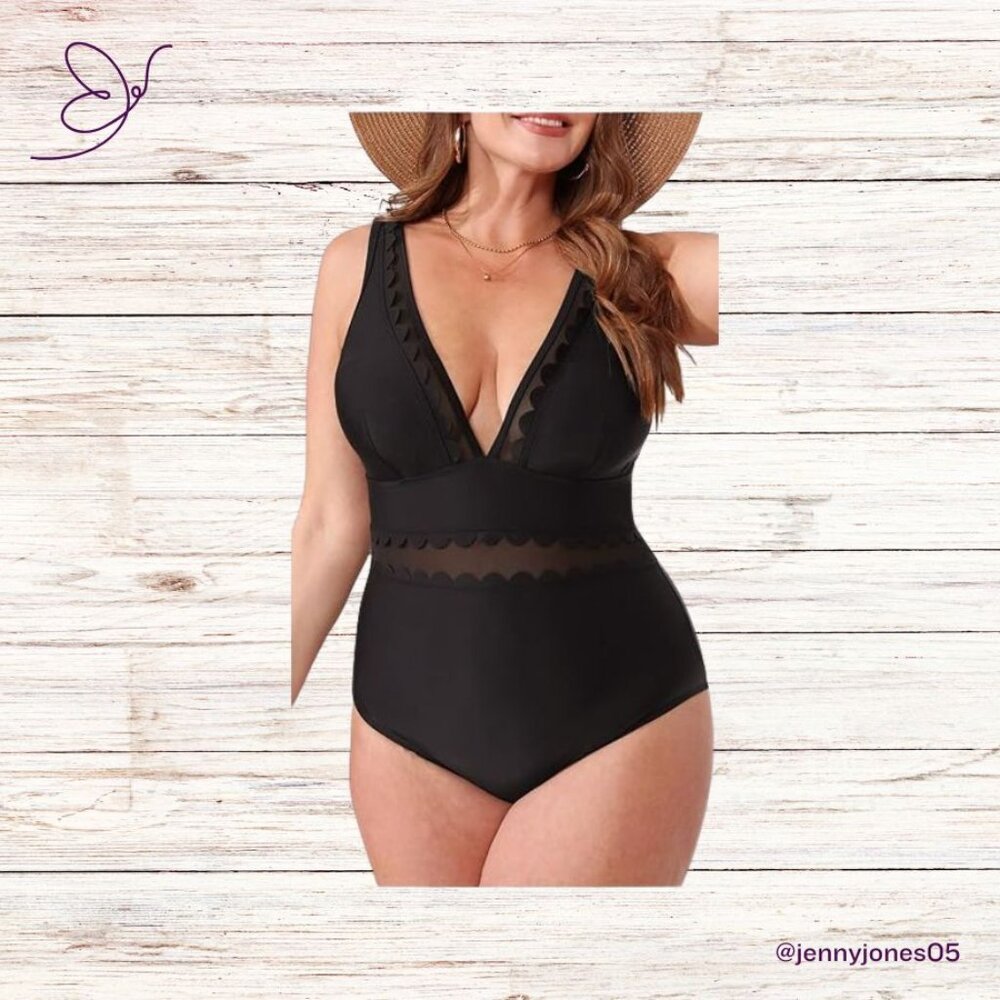CUPSHE Black V-Neck Scalloped Mesh Accent One-Piece Swimsuit-Size Large-NWT